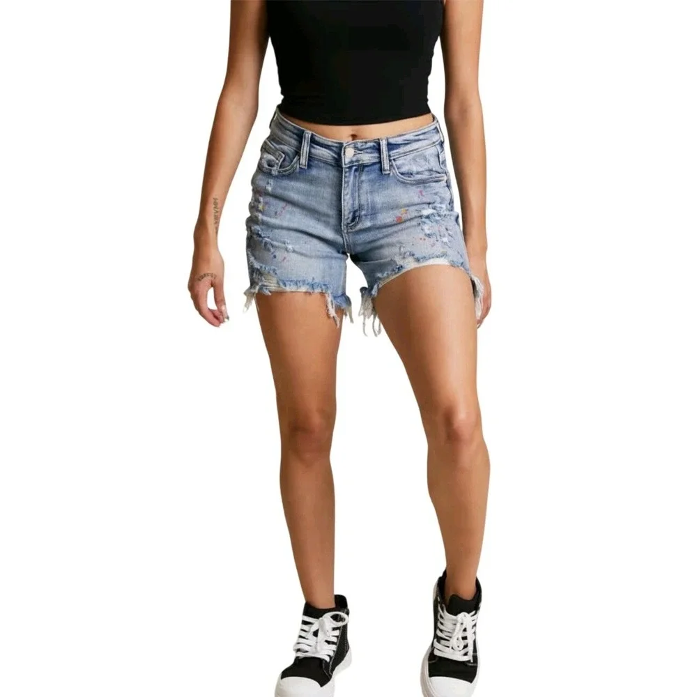 Judy Blue XL Mid Rise Distressed Paint Splatter Denim Cut‎ Off Shorts NWT
